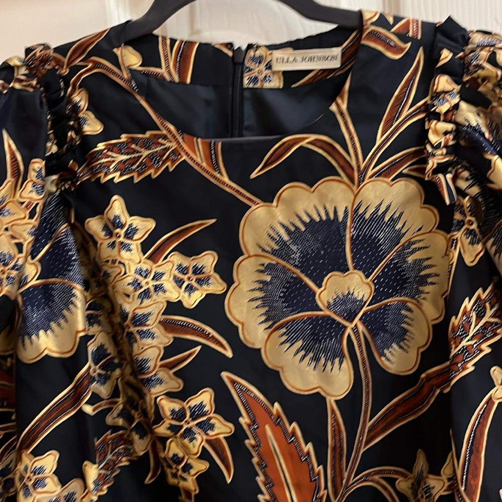 Ulla Johnson Black Floral-Print Dress with Gold and Navy Accents